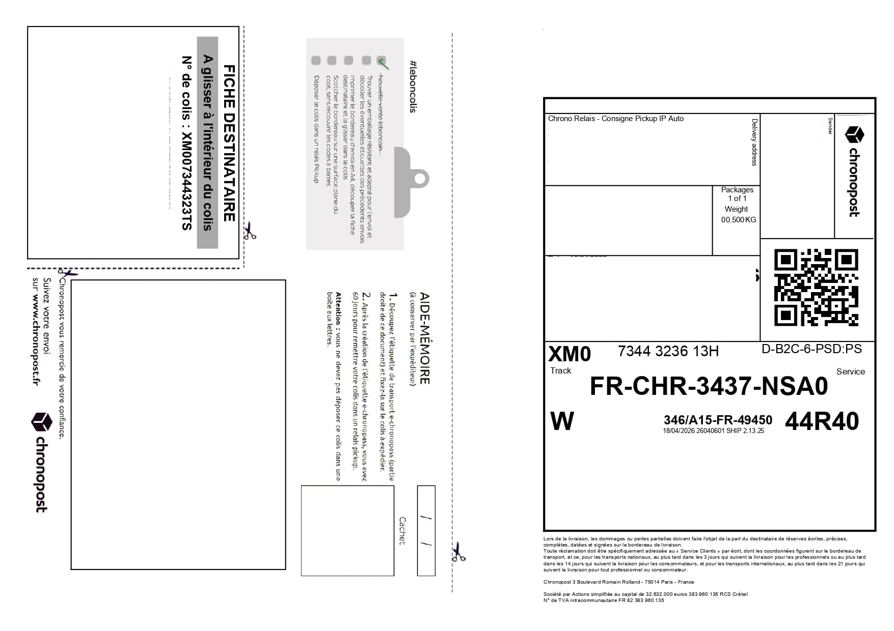 Bordereau Chronopost imprimé seul sur une feuille A4