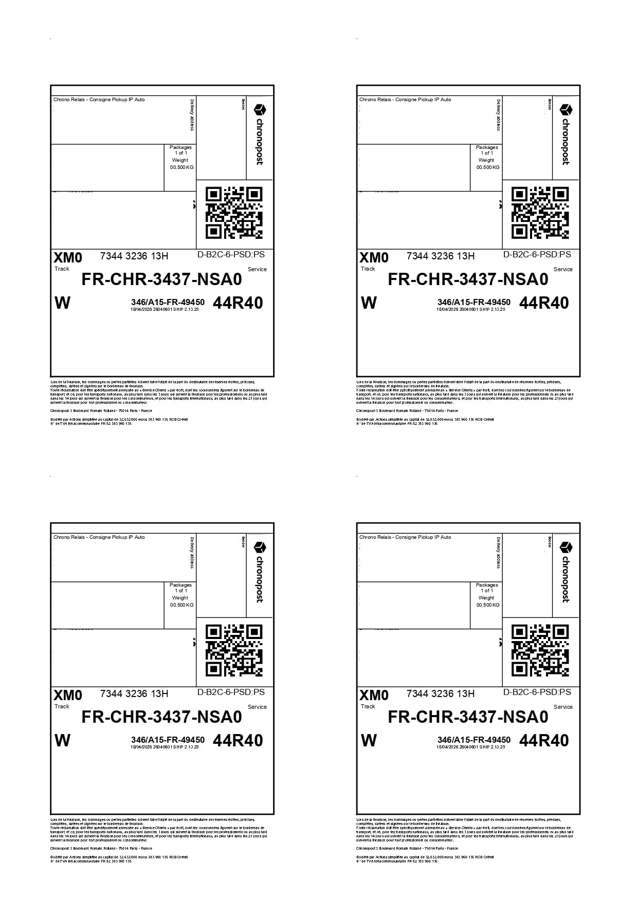 Quatre bordereaux Chronopost regroupés sur une feuille A4