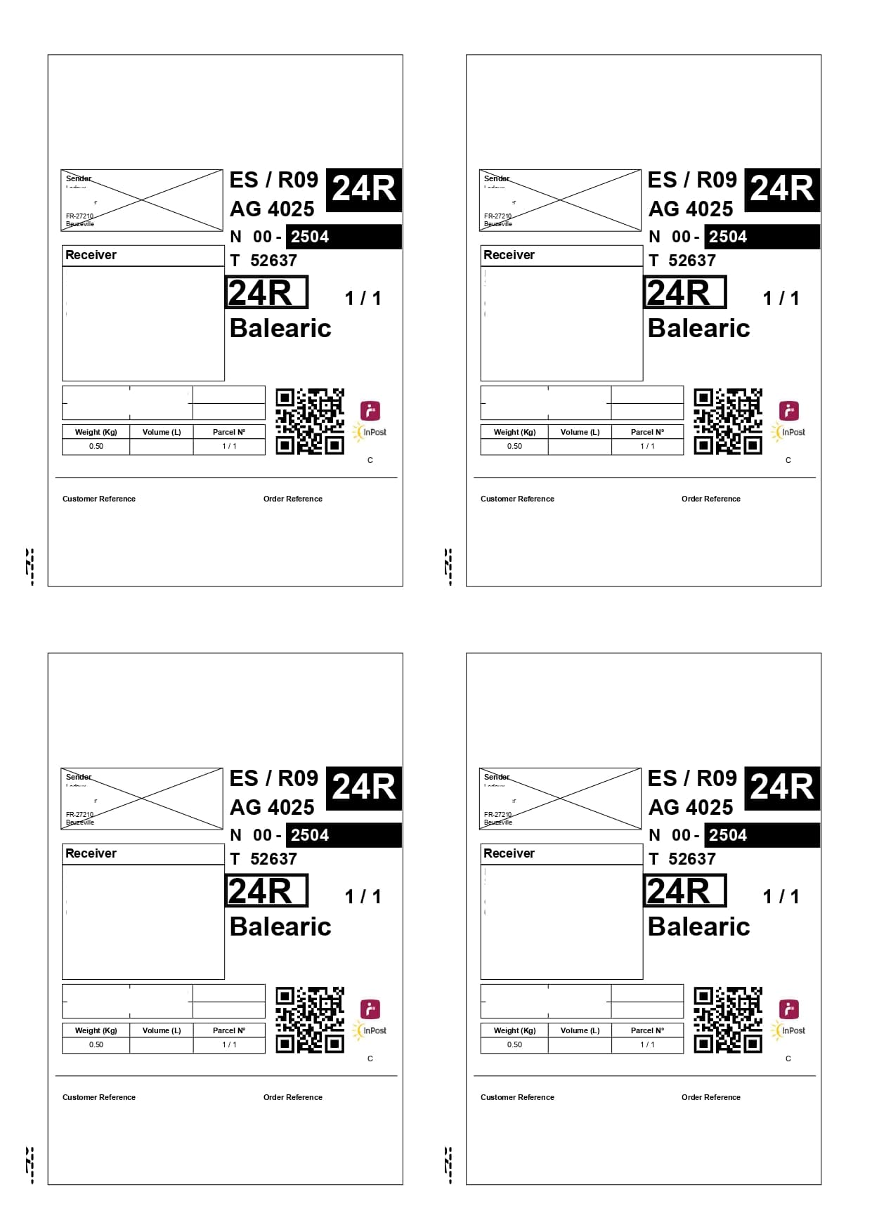 Quatre bordereaux Mondial Relay regroupés sur une feuille A4