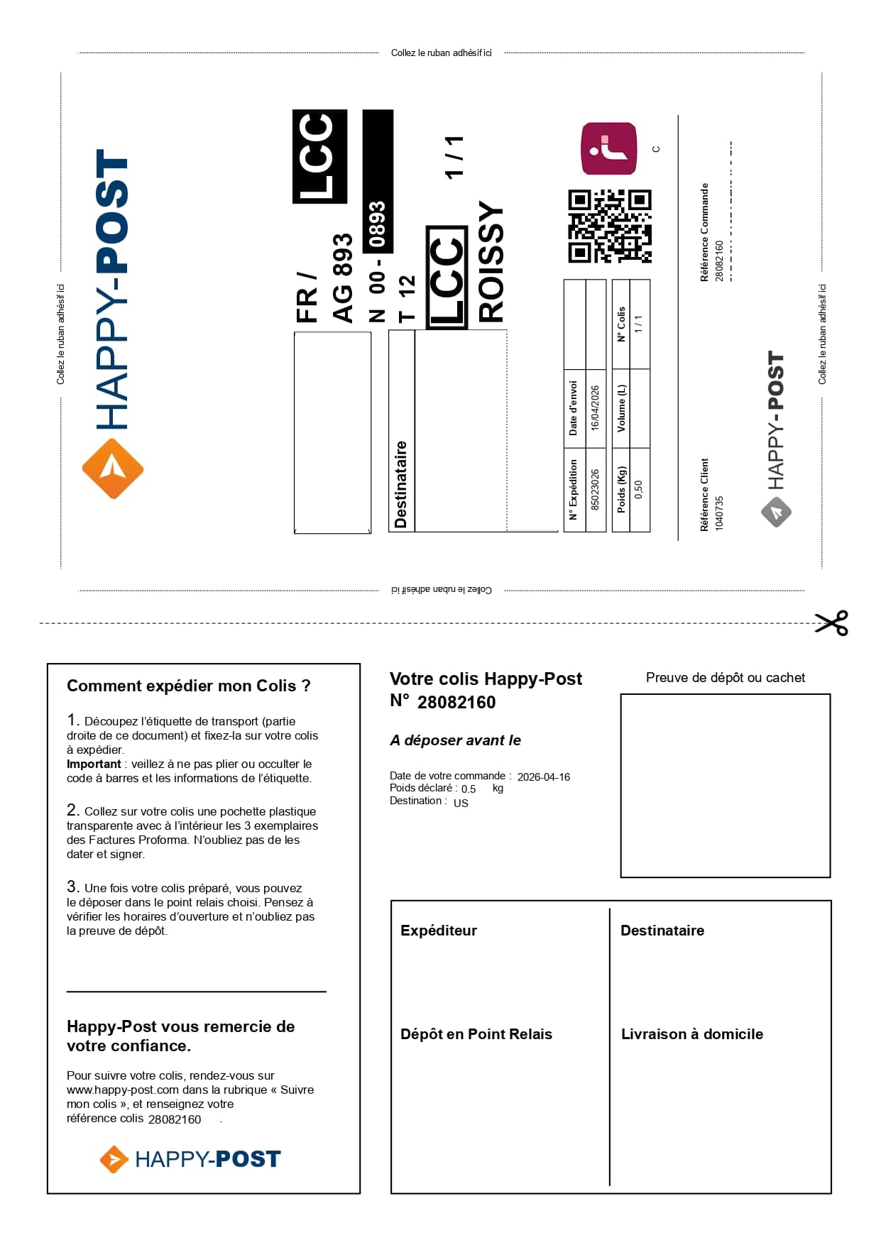 Bordereau Happy Post imprimé seul sur une feuille