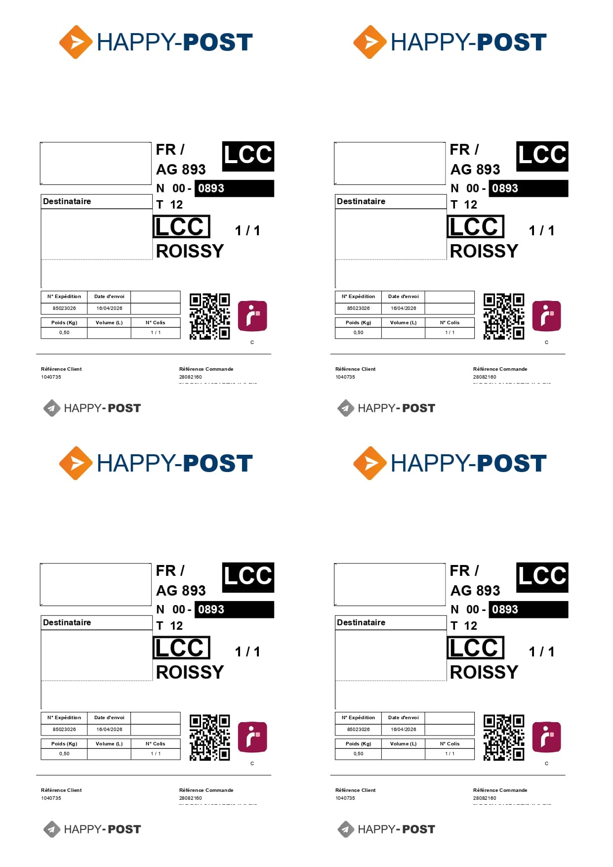 Quatre bordereaux Happy Post regroupés sur une feuille A4