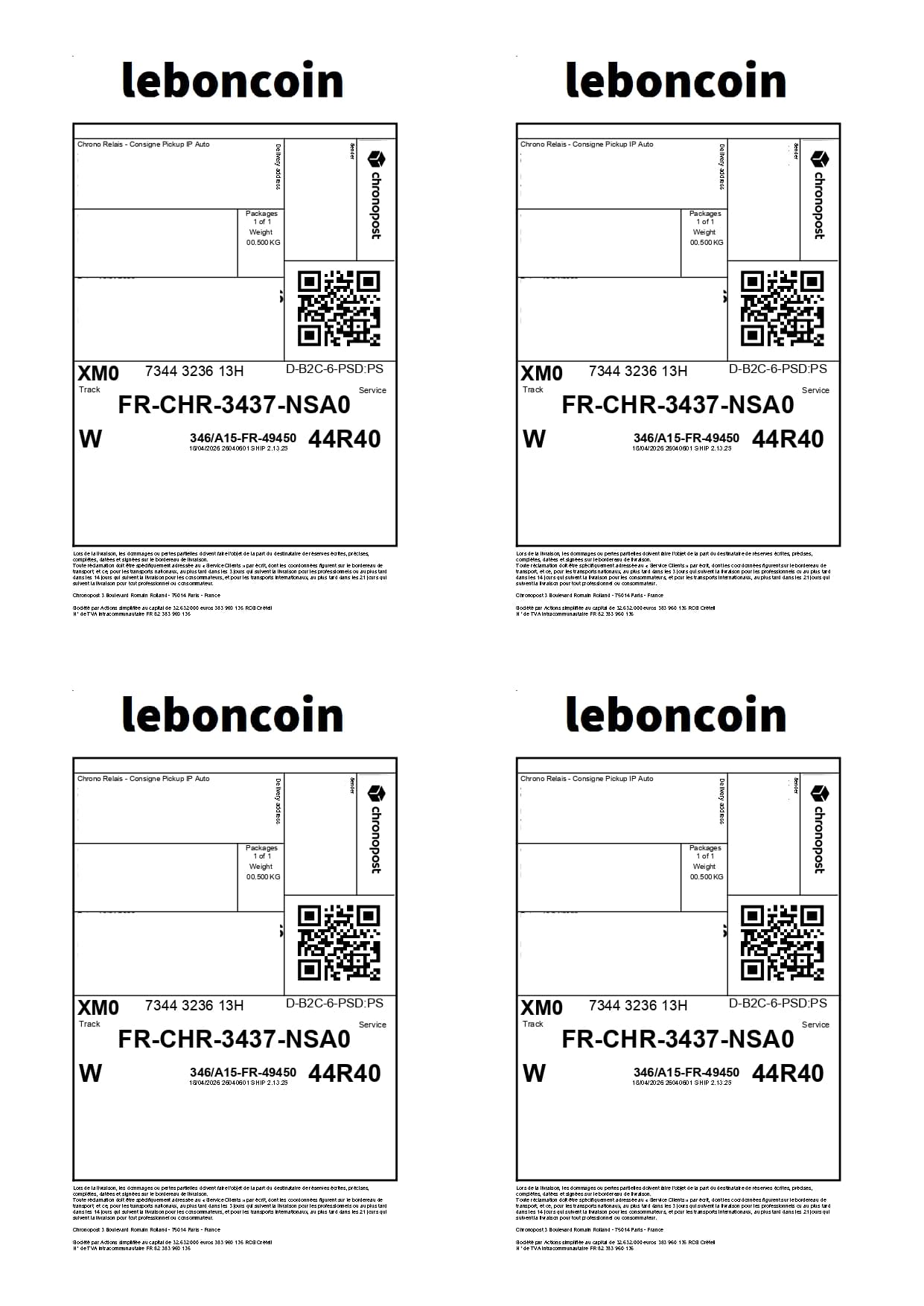 Quatre bordereaux Leboncoin regroupés sur une feuille A4